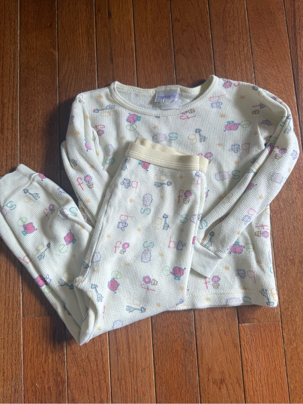 Kids Pale Yellow Thermal Pajama Set with Pastel Print